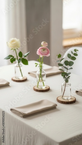 March 8. International Women's Day. Floral arrangement with white and pink flowers in glass vases on a dining table with beige napkins and wooden coasters