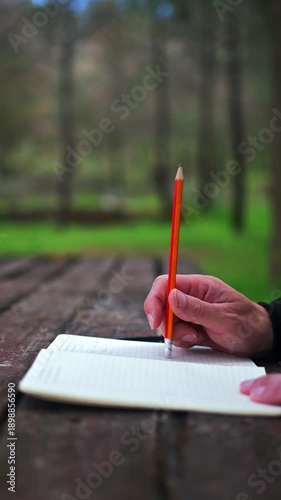 Close up of a man's hand holding a pencil and tapping it above an open notebook outdoors at a park and then writes his notes at the notebook. Vertical footage, selective focus.