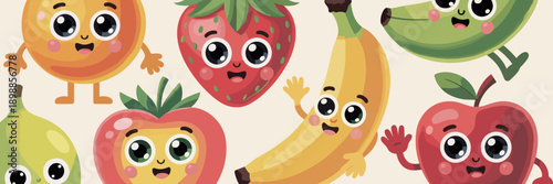 Wholesome fruit characters vector set – Ideal for healthy eating campaigns, school posters, or food branding.