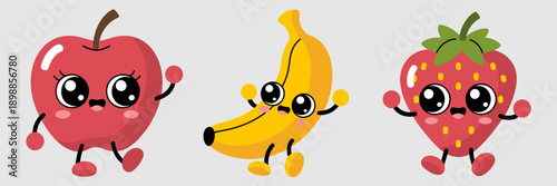 Adorable fruit trio with simple faces – Suitable for children's books, sticker sets, or food blog illustrations.