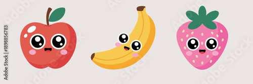Cute apple banana and strawberry characters – Great for fruit juice labels, nursery art, or healthy lifestyle content.