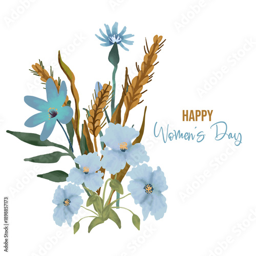 Hand-painted watercolor illustration of spring forest flowers and wild ears, designed as an elegant greeting for International Women’s Day