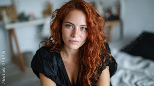 A stunning portrait of a young woman with vibrant red hair, exuding confidence and charm, set in an inviting modern interior with warm colors and soft focus.