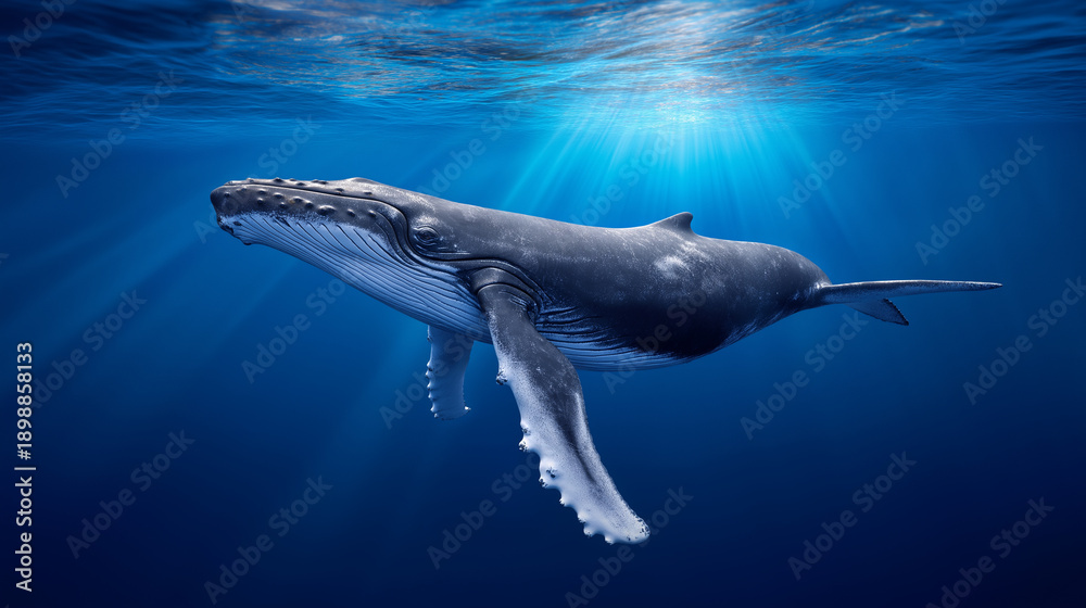 Fototapeta premium Humpback whale swimming underwater with sunlight filtering from above 