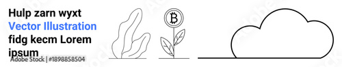Cryptocurrency, blockchain, cloud computing, fintech, technology, innovation. Bitcoin symbol growing as a plant, with a single-line cloud. Cryptocurrency and blockchain technology concept