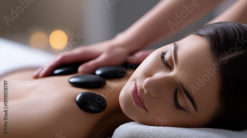 Woman receiving hot stone massage therapy in spa for relaxation