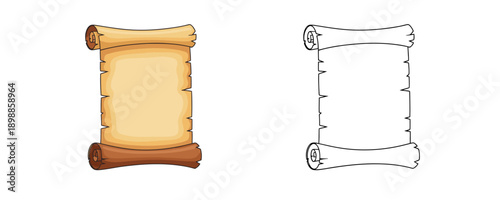 Ancient parchment scroll shown in two different styles featuring one colored version with beige tones and one black and white outline version isolated on white background