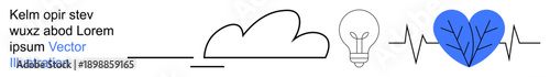 Sustainability, energy efficiency, healthcare, environment, creativity, wellness. Linear art of a cloud, a lightbulb a heartbeat line and a blue heart. Sustainability and healthcare concepts