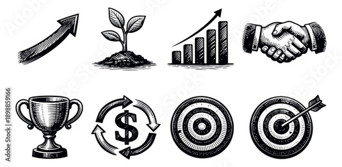 Hand drawn line art business icons set featuring growth, success, financial, and partnership symbols for corporate branding and development