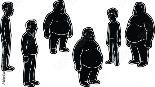 Vector sticker style side view group of male silhouettes showing body size diversity from slim to obese standing in profile with white outline bold contrast isolated