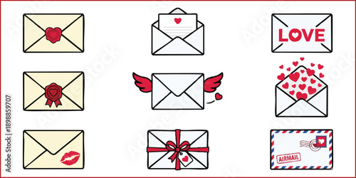Cute love letter envelope icons set. Flying mail with hearts and wings.