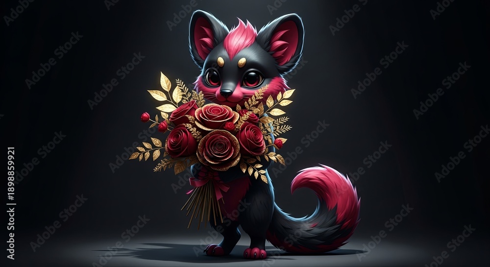 Fototapeta premium Cute cartoon animal holding a red rose bouquet. Valentines Day gift for holiday greeting card, love, romance, and celebration concept.