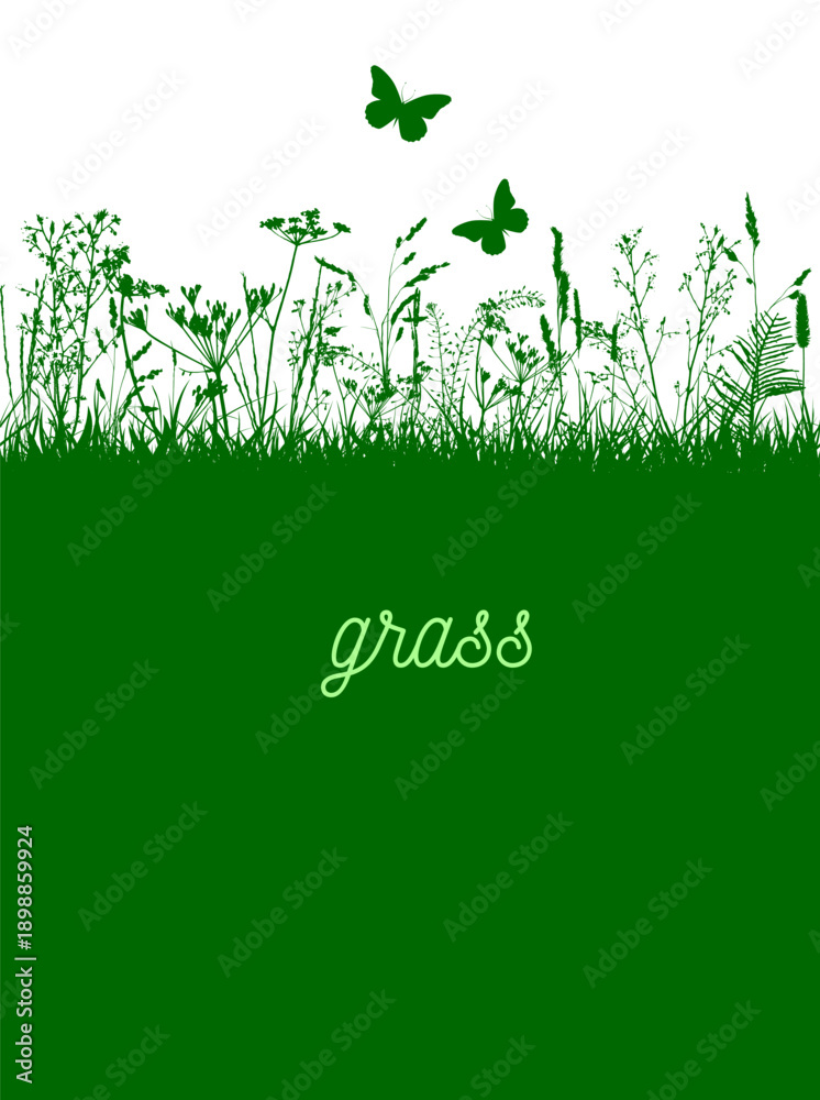 Naklejka premium green grass background with butterflies. hand drawing. Not AI Vector illustration