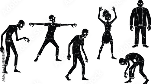 Silhouette vector art six zombie figures in varied poses walking reaching and crawling arranged on white background with eerie mood and retro horror feel gritty texture