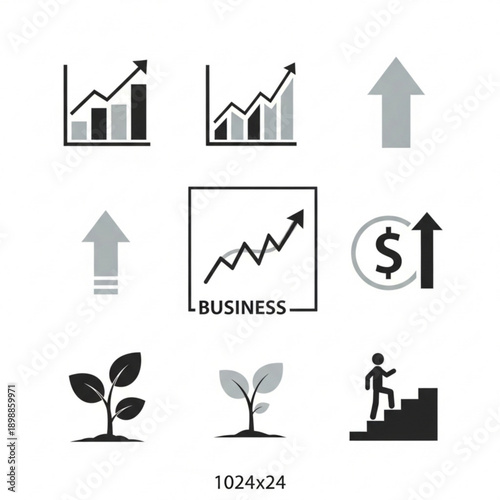 A set of business icons representing growth and success in a modern design style