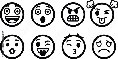 Line art vector icon set of eight expressive emoji faces showing happy surprised angry winking tongue kissing sad neutral bold black strokes