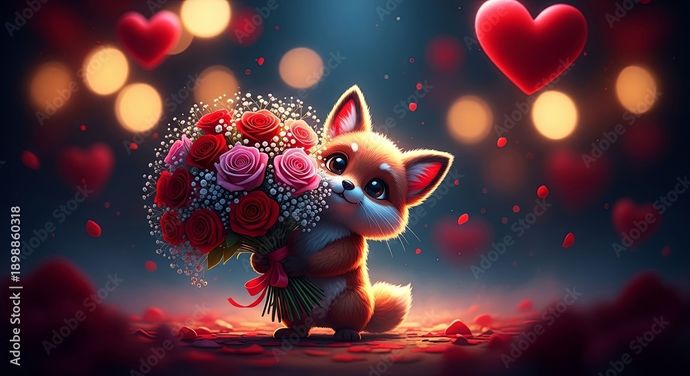 Fototapeta premium Cute cartoon fox holding a rose bouquet for Valentines Day. Adorable animal character with flowers in a romantic setting. Holiday greeting card design.