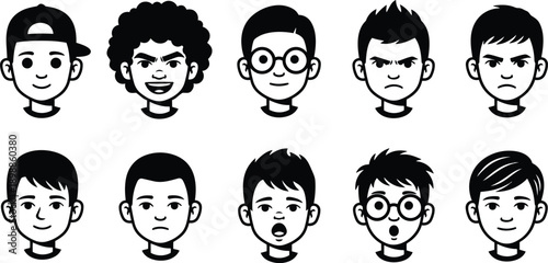 Minimalist line art vector icons set ten boy avatars with varied hairstyles expressions smiling surprised angry neutral looking at camera close up monochrome flat style simple