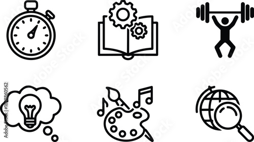 Line icon set six education creativity fitness research and productivity symbols stopwatch book gears weightlifter lightbulb thought palette music globe magnifier minimalist vector art black outline