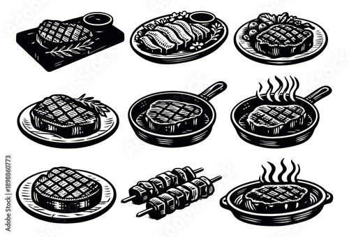 Hand drawn grilled meat dishes set featuring various steaks and kebabs for culinary designs and restaurant menus