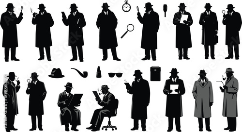 Detective silhouette icon set with trench coats, accessories, and poses, vector illustration, editable design, isolated mystery symbols