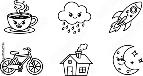 Line art kawaii icon set six smiling outline icons coffee cloud rocket bicycle house moon minimal vector for web use playful black stroke simple cute friendly