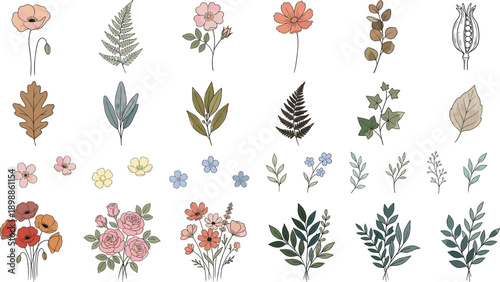Hand drawn botanical elements collection featuring flowers, leaves, branches, and floral bouquets in soft pastel colors, perfect for wedding design, branding, stationery, and decor.