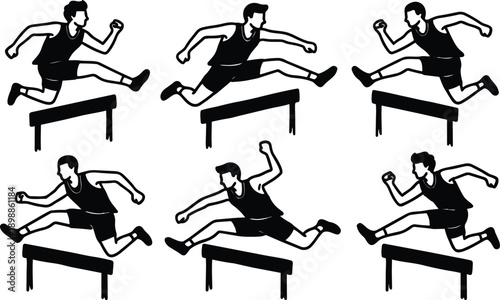 Silhouette vector art repeated male hurdlers jumping over track hurdles in sequential poses side view isolated on white background dynamic high contrast sports flat bold stencil