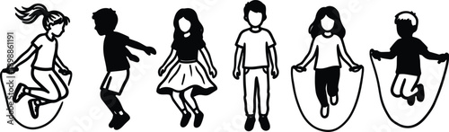Minimalist line art vector of children skipping rope in playful sequential jumping poses side view varied clothing ponytail skirt shorts studio white background energetic silhouettes