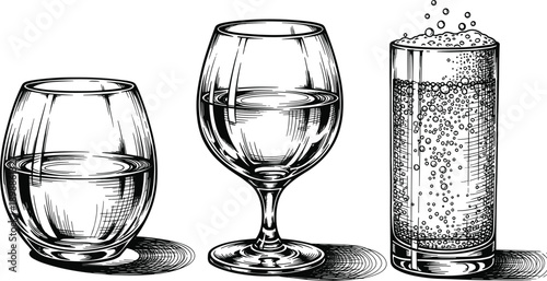 Drinking glass icon set, tumbler wine and soda glass, black-and-white beverage illustrations, liquid container silhouettes
