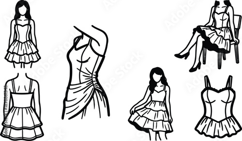 Line art fashion sketches collection of womens dress silhouettes front back seated figure close up draped ruched bodice and tiered skirt in black ink style illustration