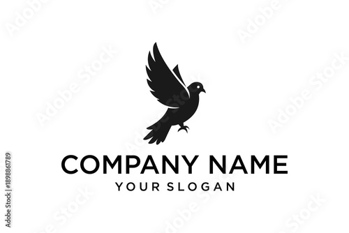 Black Flying Dove Bird Silhouette Logo Design with Spread Wings, Minimalist Icon Vector Graphic