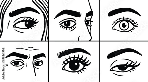 Line art close up eye grid six panels showing varied expressions and eyebrow details in black and white vector illustration minimal bold strokes mixed gender gaze