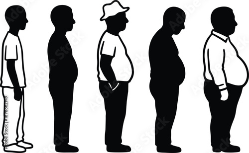 Minimalist vector silhouette progression of male body shapes from slim to obese side view five profiles wearing casual clothes hat on one figure educational health infographic