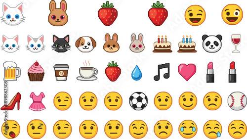 Emoji icon set with animals, food, emotions, and objects, vector illustration, editable design, isolated digital symbols