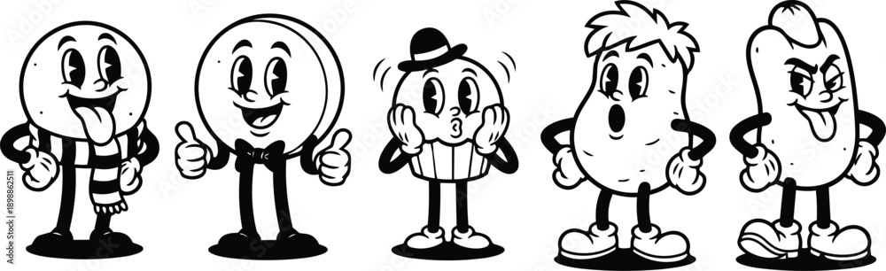 Fototapeta premium Rubber hose vintage cartoon close up line art five smiling food mascots lollipop coin cupcake potato sausage characters standing in a row expressive poses retro animated