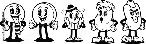 Rubber hose vintage cartoon close up line art five smiling food mascots lollipop coin cupcake potato sausage characters standing in a row expressive poses retro animated