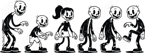 Rubber hose cartoon parade of smiling zombie characters walking in a row vintage black and white vector art close up side view playful cheerful spooky atmosphere