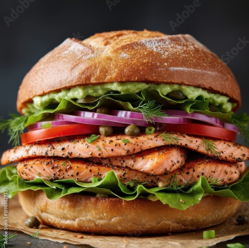 Grilled chicken burger with lettuce tomato and red onion on dark background