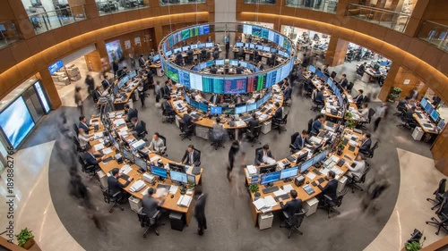 High angle view of a bustling, modern stock exchange trading floor, with busy traders working at computers while crowds of business people walk past, showing a dynamic financial environment