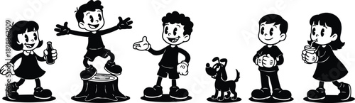 Retro cartoon lineup showing playful boy standing on tree stump smiling at camera dog neighbor children holding bottle and sandwich side view black and white illustration