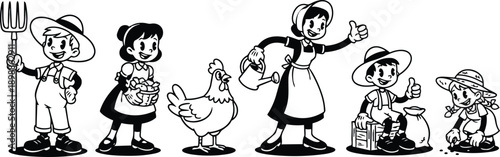 Retro cartoon fifties style farm scene close up group of children with pitchfork basket chicken watering can planting seeds on soil smiling and giving thumbs up