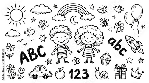 Educational Kids Icons Vector Illustration | Childhood Learning Symbol Design, ABC 123 Graphic Art, Playful Cartoon Logo Concept, Black White Stylized Vector Clipart for School