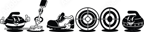 Retro cartoon vector curling stones broom and curling shoe with smiling faces in black and white flat design side view low angle line art isolated friendly