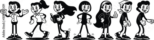 Retro cartoon rubber hose style lineup of seven smiling girls in vintage outfits walking reading book giving thumbs up friendly expressions sideview clean black and white