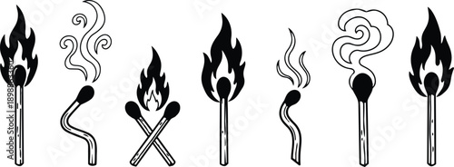 Line art matchstick icons showing flaming and smoldering matches crossed pair with curling smoke minimal black and white hand drawn vector set close up top view