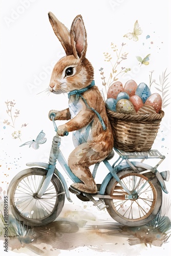 A rabbit with large ears rides a blue bicycle. The rabbit has a basket full of colorful eggs on its back. Flowers and butterflies surround the scene, creating a lively spring atmosphere