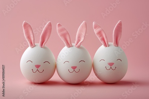Three eggs are designed to look like bunnies with ears and faces. They are evenly spaced on a soft pink background. This setup is typical for spring celebrations