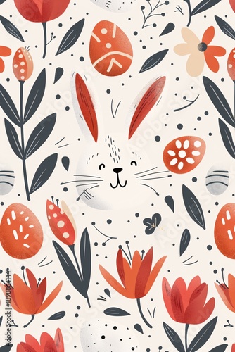 A playful bunny surrounded by flowers and decorative eggs. The background features various plants and bright colors, typical for spring celebrations
