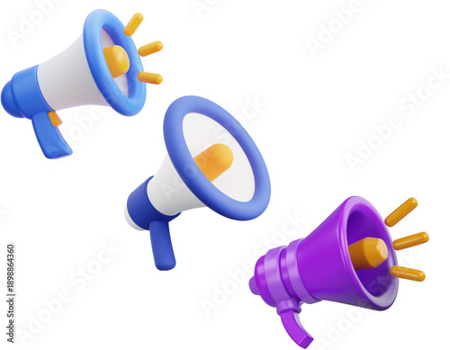 Three 3D rendered megaphones in blue and purple, symbolizing communication and announcement.